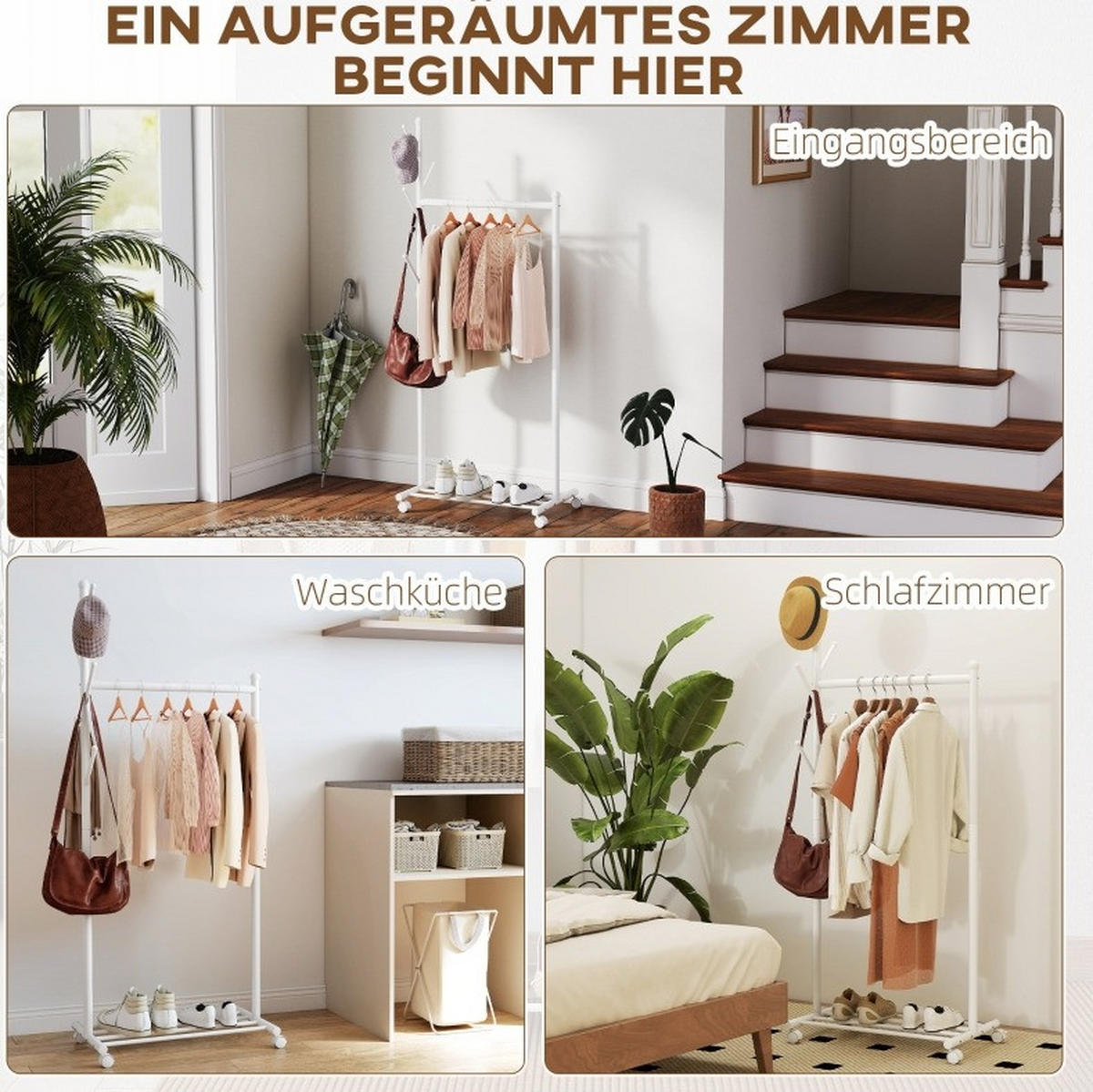 GARDEROBENSTÄNDER mit Rollen und Schuhregal 68 x 43 x 171 cm Metall Weiß - Weiß, Metall (43/171/68cm) - Beauniv