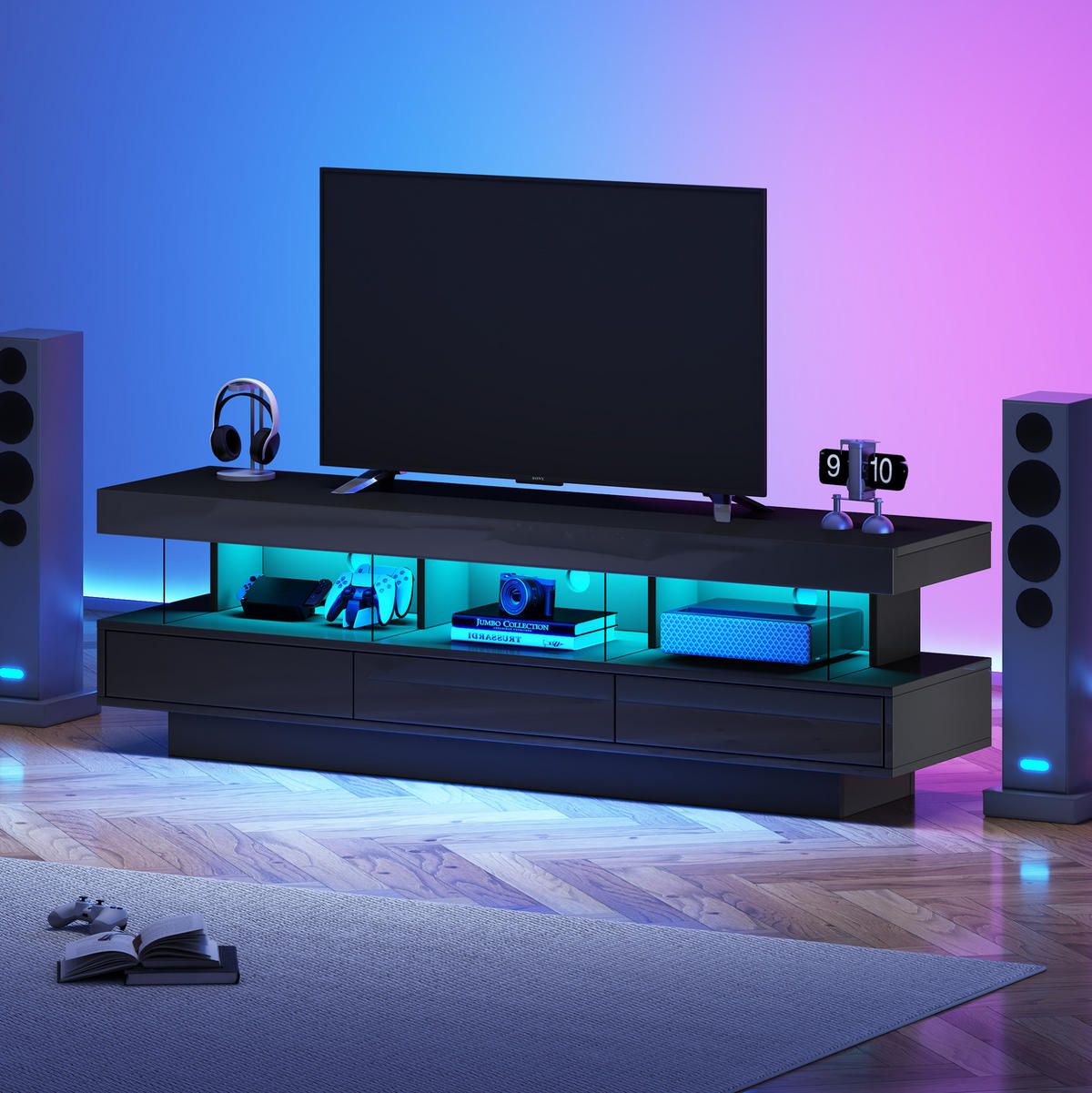 TV-ELEMENT mit LED 160 x 38 x 50,5 cm Schwarz Hochglanz - Schwarz, Holzwerkstoff (38/50.5/160cm) - Beauniv
