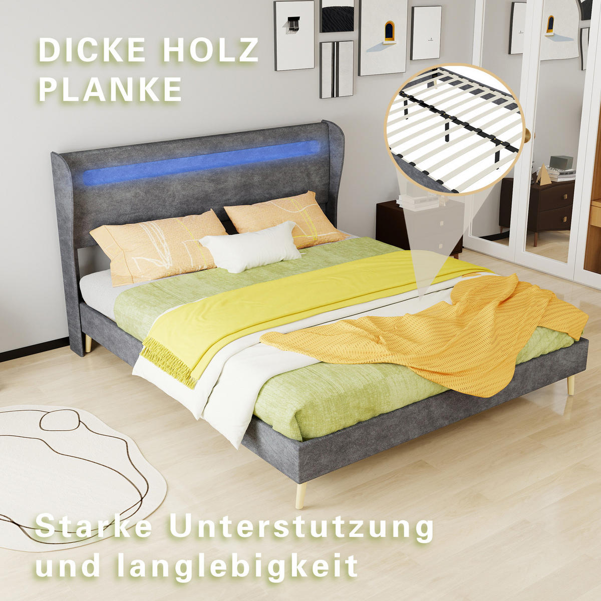 POLSTERBETT 160/200 cm mit verstellbarer Rückenlehne und LED-Beleuchtung, Grau - Grau, Textil (160/200cm) - Redom