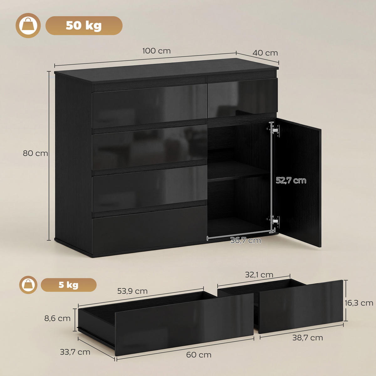 NACHTTISCH Schwarz 40.0/100.0/80.0cm - Schwarz, Holzwerkstoff (100/80/40cm)
