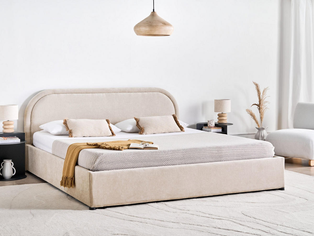 BETT mit Stauraum 180/200 cm Chenillegewebe Hellbeige Quillien - Beige, Textil (180/200cm) - Beliani
