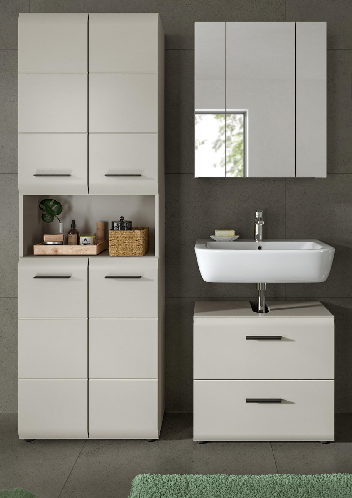 BADMÖBEL-SET Kaschmir 3-teilig 135 cm, Komplettset mit XL Hochschrank - Kaschmir/Schwarz, Glas/Holzwerkstoff (135/185/30cm) - Inn.Furn