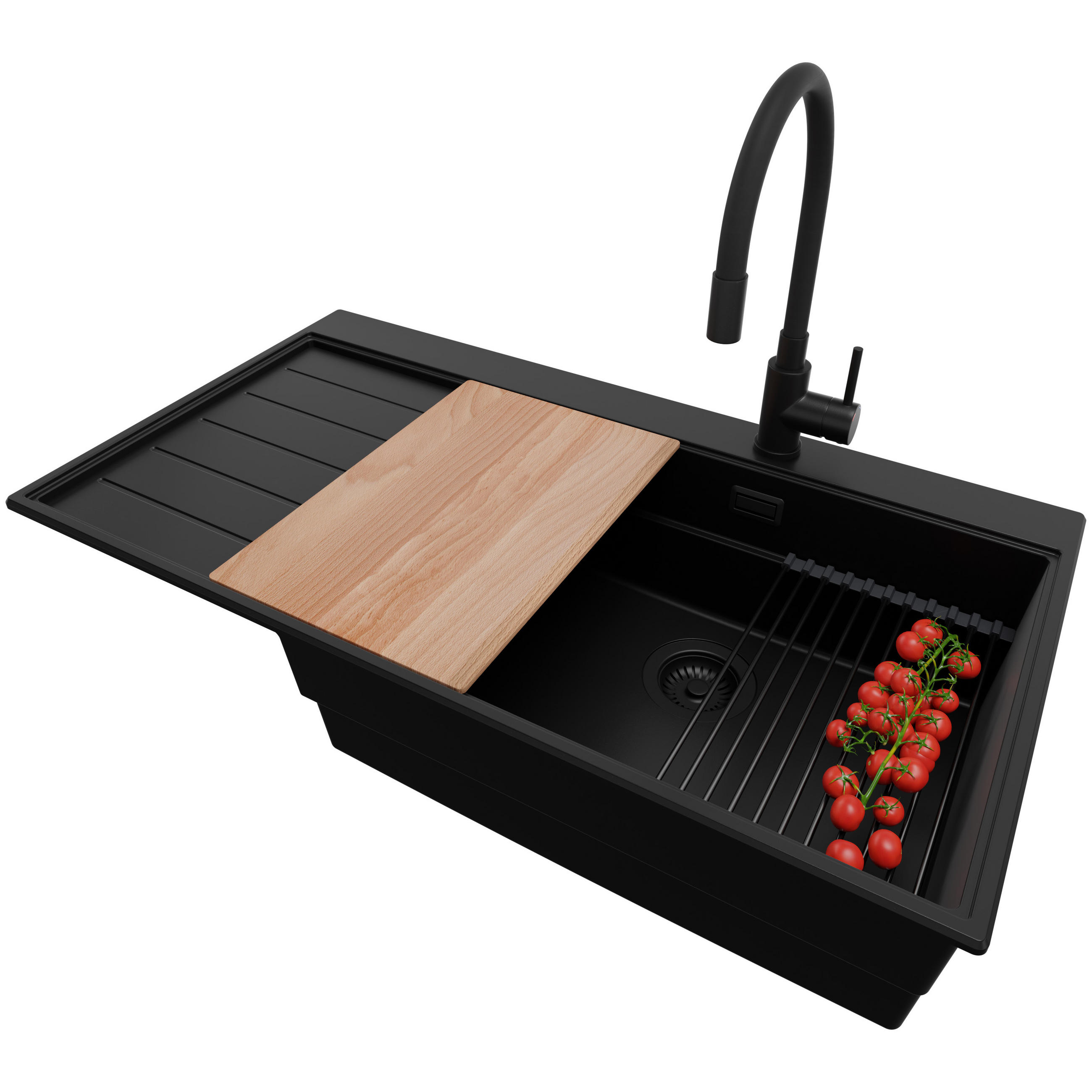 GRANITSPÜLE Sydney, 2-er set Alles Schwarz 90/50 cm 1 Becken + Küchenarmatur 40/38 cm + Ablauf-Set + Küchenzubehörset ab 60er Unterschrank - Beige/Schwarz, Kunststoff (90/20/50cm) - Primagran