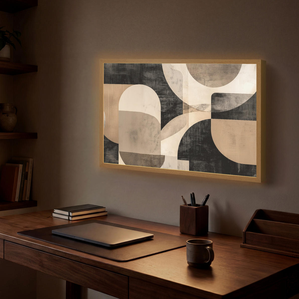NÁSTĚNNÁ LAMPA S AKUMULÁTOREM Abstraktní - Tvary - Moderní - Béžová 60x40 cm - šedá, kompozitní dřevo (60/40/8cm) - OnlyWow