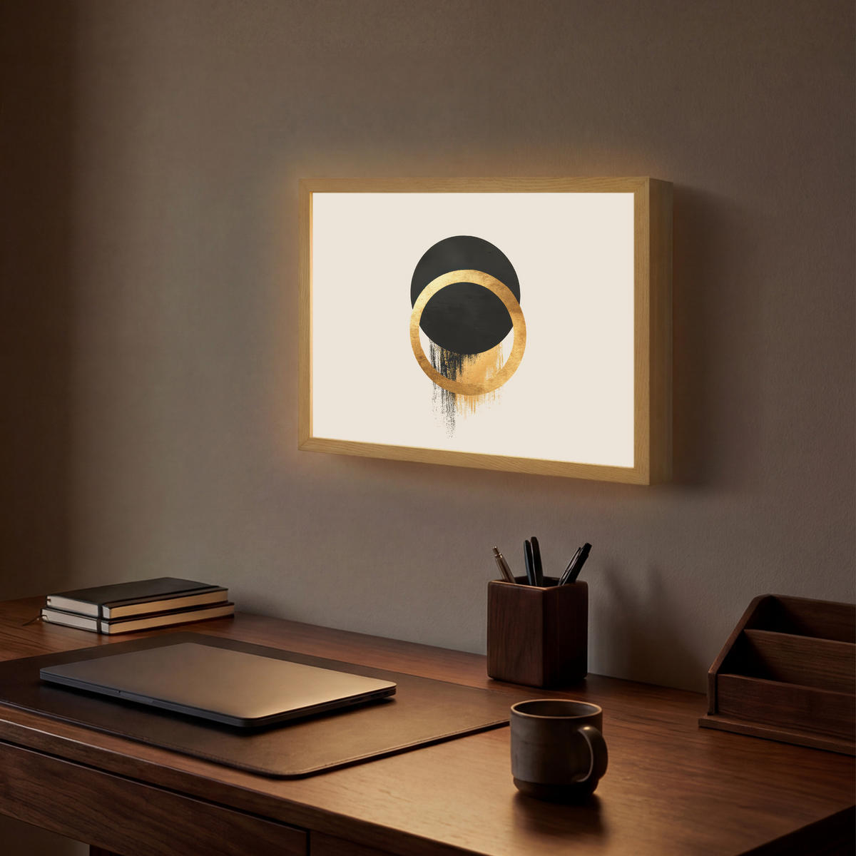 NÁSTĚNNÁ LAMPA S AKUMULÁTOREM Abstraktní design - Černý kruh - Skvrny od barvy 40x30 cm - krémová, kompozitní dřevo (40/30/8cm) - OnlyWow