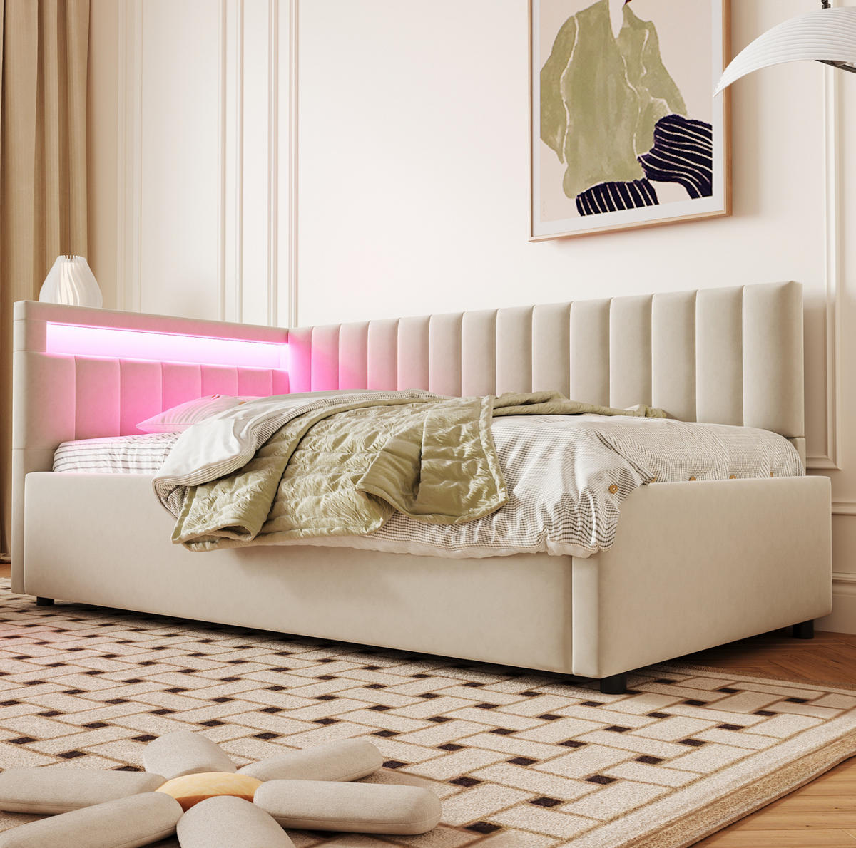 POLSTERBETT Schlafsofa 90/200 cm Beige aus Samt mit LED-Beleuchtung und Stauraum - Beige, Textil (90/200cm) - OKMYHOME