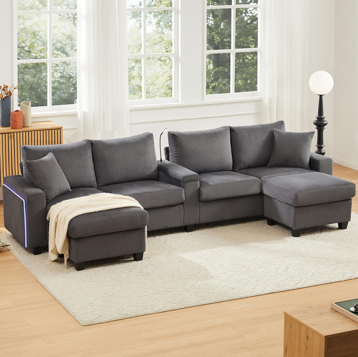 SOFA in U-Form mit 2 Hockern Grau Cord 334 cm - Grau, Holz (128.5/81/334cm) - Meubliv
