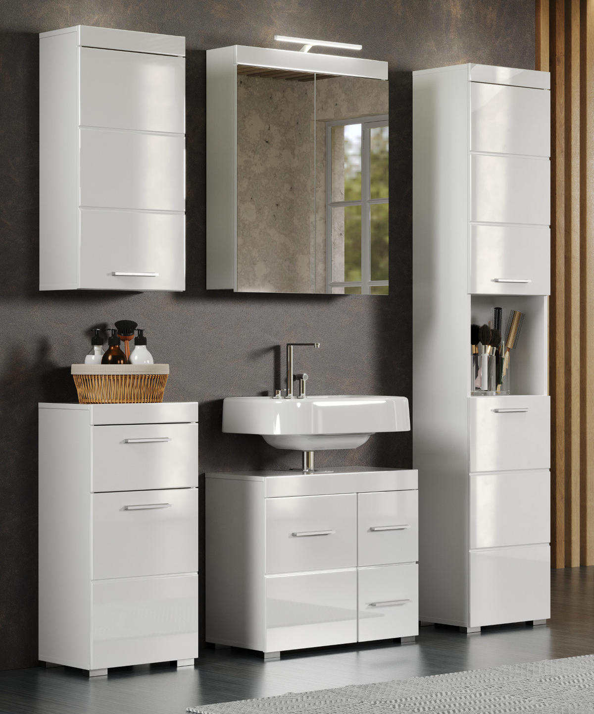 WASCHBECKENUNTERSCHRANK weiß Hochglanz 60 cm, Badschrank mit viel Stauraum - Weiß Hochglanz/Alufarben, Holzwerkstoff/Kunststoff (60/56/34cm) - Top.Furn