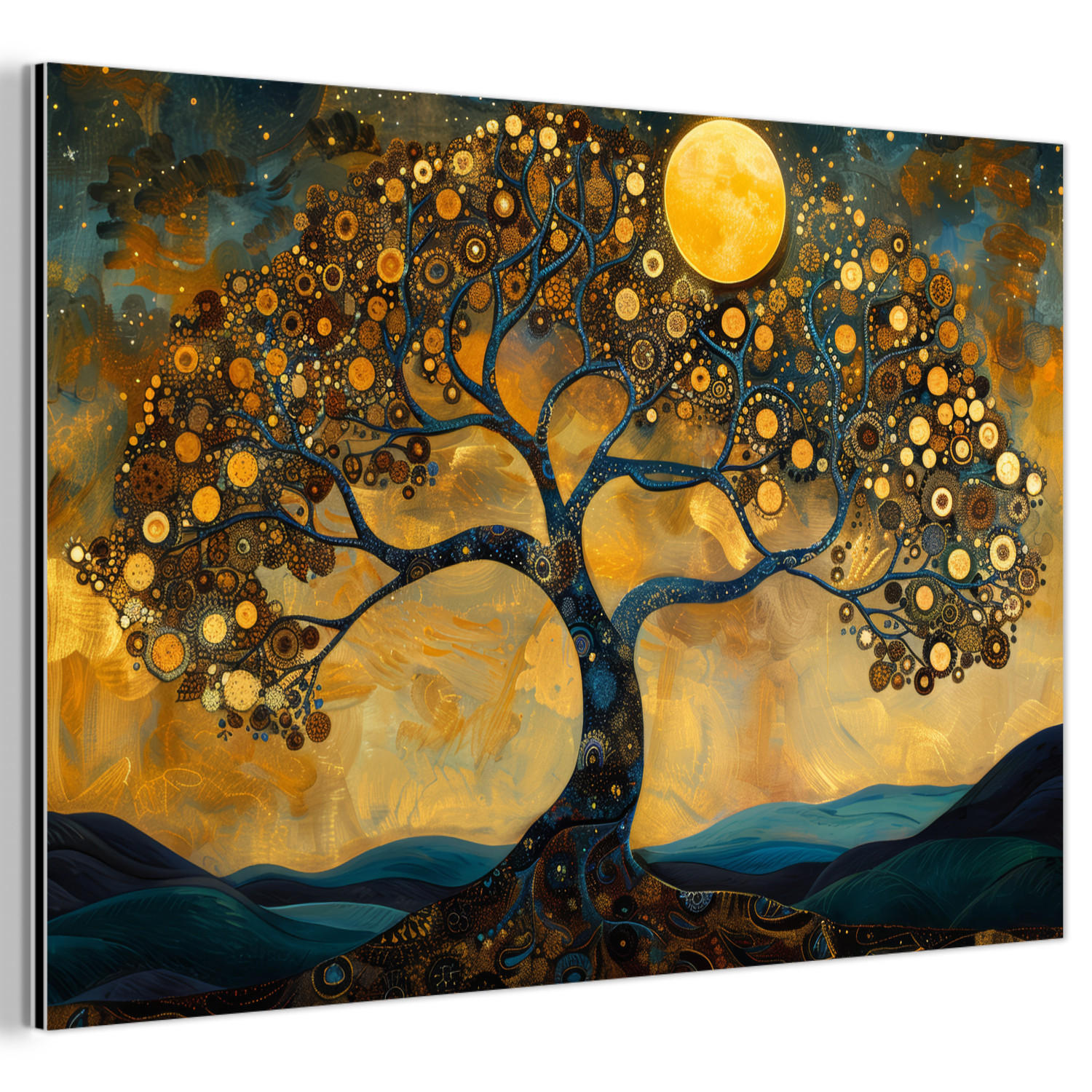 MuchoWow KOVOVÝ OBRAZ Strom - Měsíc - Květiny - Zlato - Umění 90x60 cm