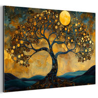 METALLBILD Baum - Mond - Blumen - Gold - Kunst 120x80 cm - Orange, Metall (120/80cm) - MuchoWow