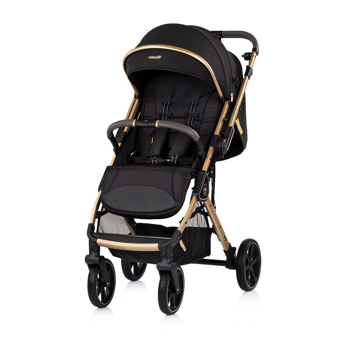 KINDERWAGEN Omnia PU-Räder schwarz klappbar, Stoßdämpfer, Sonnendach, Fußsack - Schwarz, Metall (69/63/102cm) - Chipolino