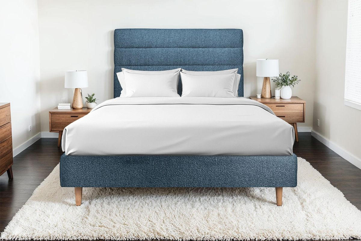 KOPFTEIL Modell Linien – Blauer Bouclé-Stoff 180 cm - Blau/Beige, Karton/Holz (180/120/10cm) - Sommeil de Plomb