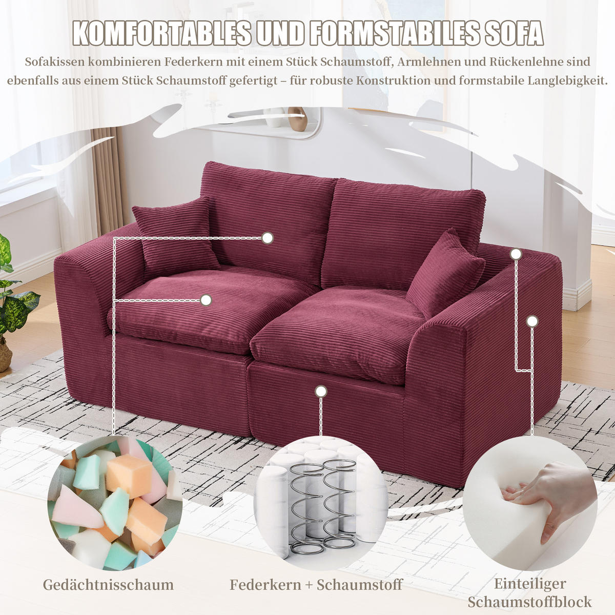 2-SITZER SOFA Cord Weinrot mit Kissen - Weinrot, Textil (204/84/102.5cm) - WISHDOR