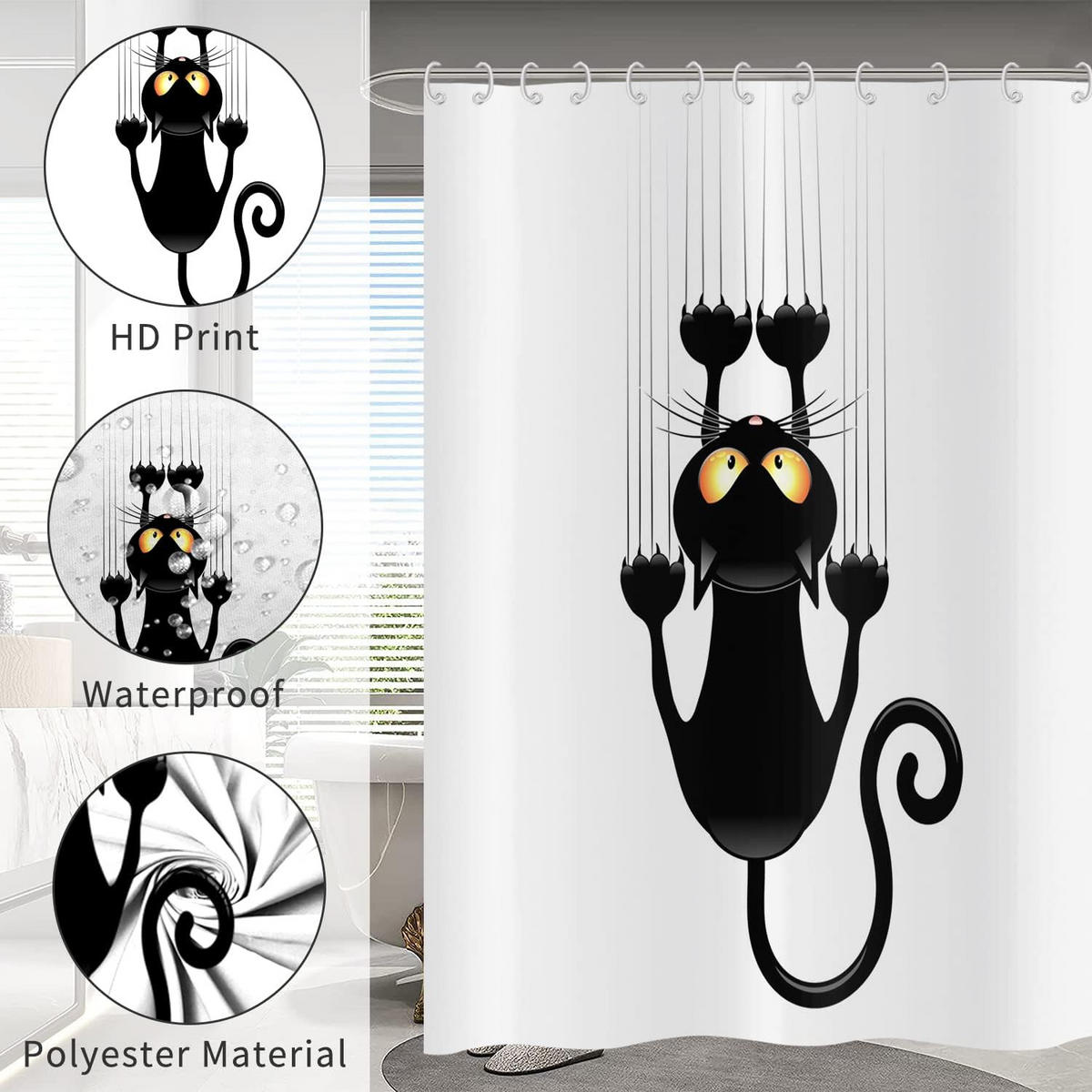DUSCHVORHANG Katze Schwarz 120 x 180 cm Wand Stoff wasserdicht waschbar - Weiß, Textil (120/180cm) - MCBOSON