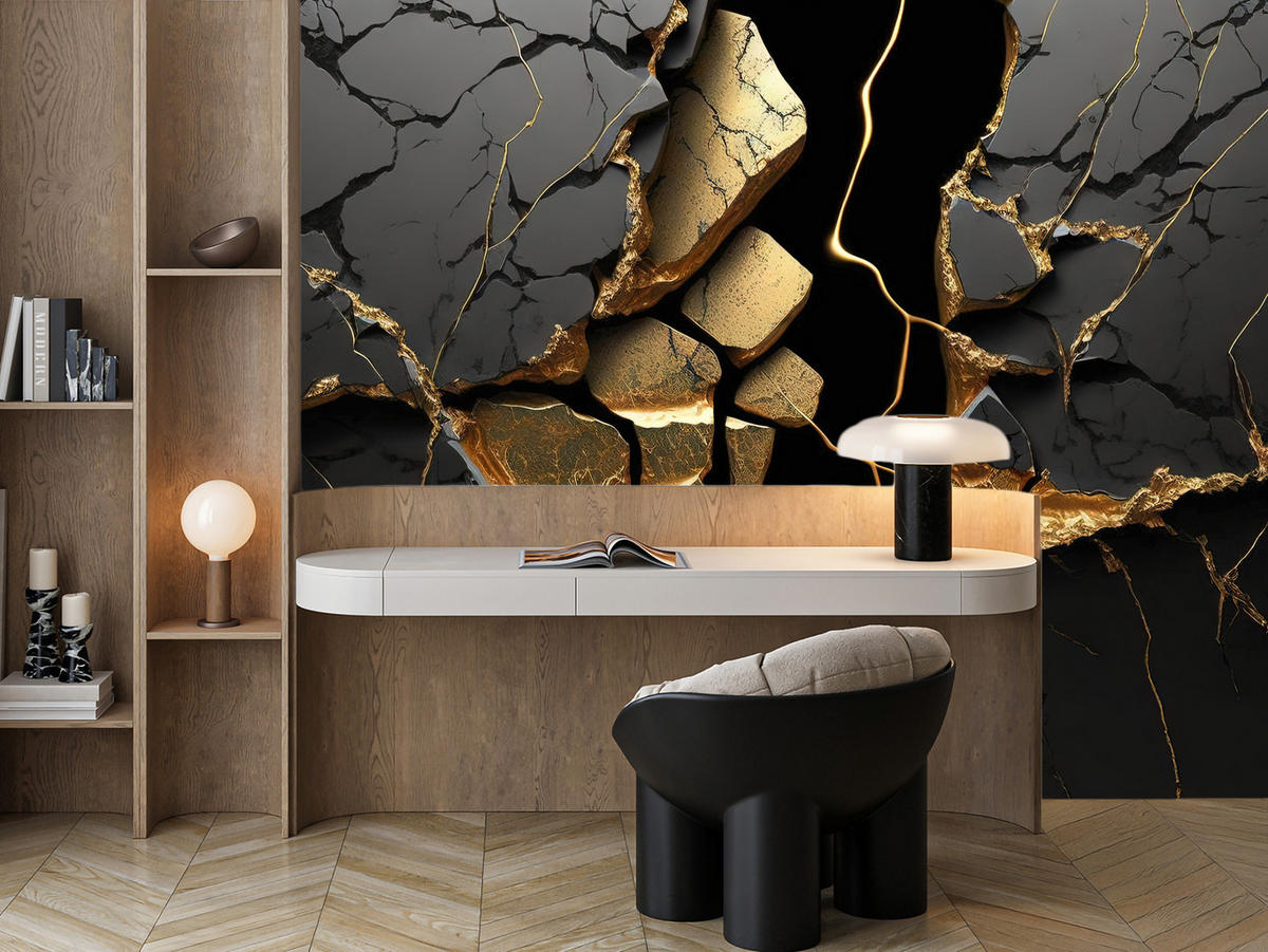 FOTOTAPETE für Wohnzimmer Schwarzer Abstrakter Marmor Gold Risse Wand 200x140 - Schwarz, Papier (200/140cm) - Muralo
