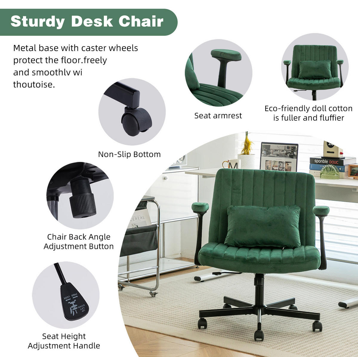 BÜROSTUHL höhenverstellbar mit klappbaren Armlehnen Stoff Green - Grün, Kunststoff (25.2/33/21.5cm) - Meubliv