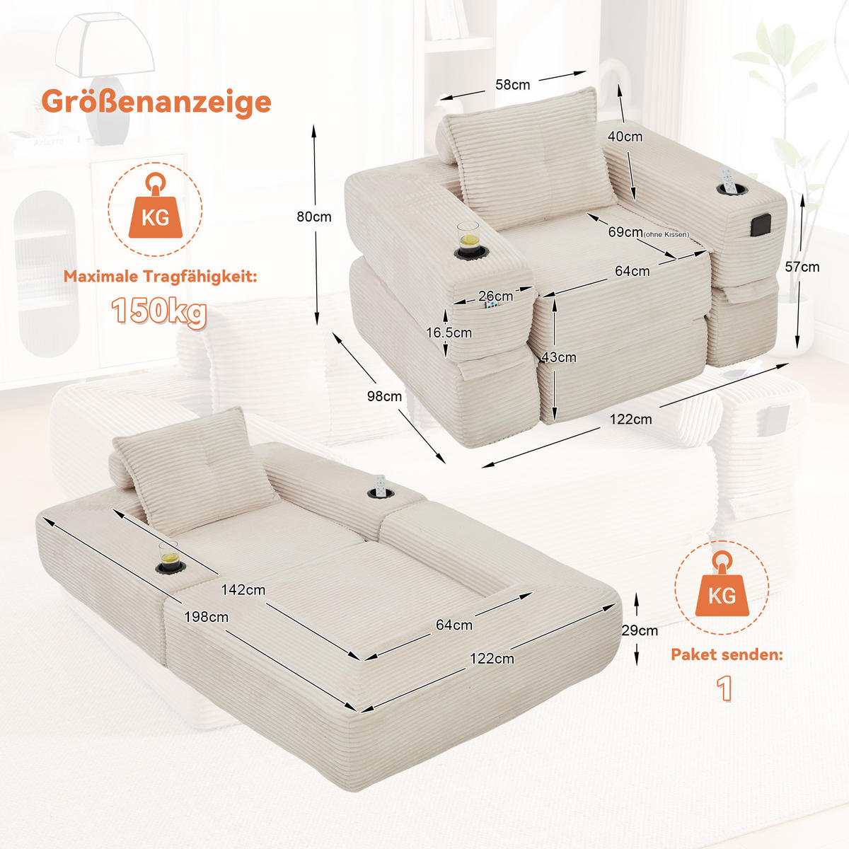 SCHLAFSOFA mit Cordbezug, Federkern, Getränkehalter und Seitentasche in Beige - Beige, Textil (122/80/98cm) - EVRYAE