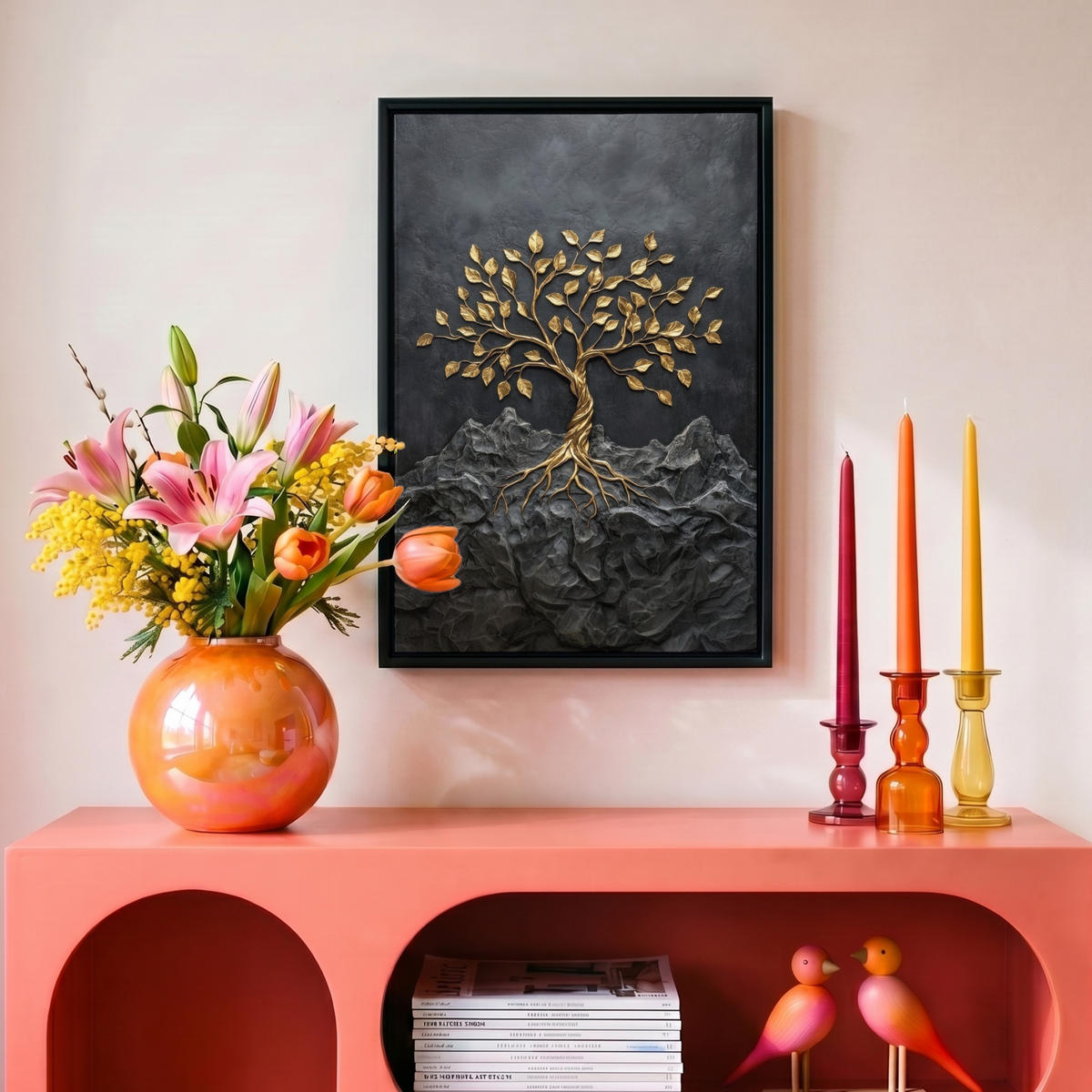LEINWAND Bilder mit Rahmen - Blätter - Gold - Baum - Fels - 20x30 - Schwarz, Textil (20/30cm) - MuchoWow