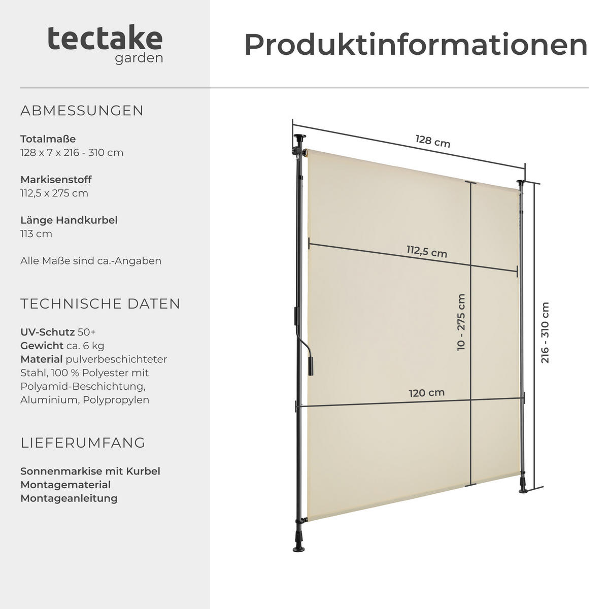 KLEMMMARKISE Taija,leichtgängige Handkurbel,beige - Beige, Kunststoff (128/310cm) - tectake