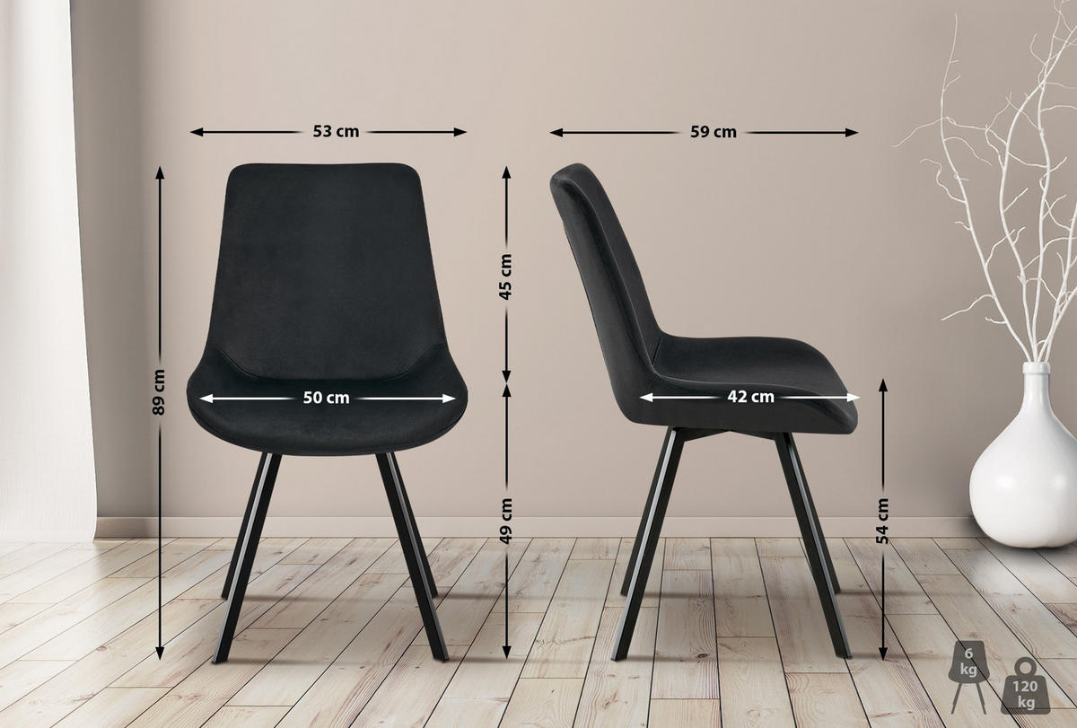 STUHL Samt schwarz - Schwarz, Textil/Metall (53/89/59cm) - CLP