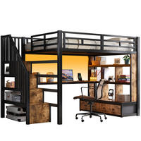HOCHBETT 140x200 cm in Schwarz mit Schreibtisch, Stauraumtreppe und LED-Beleuchtung - Schwarz, Holzwerkstoff (140/200cm) - IVMEU