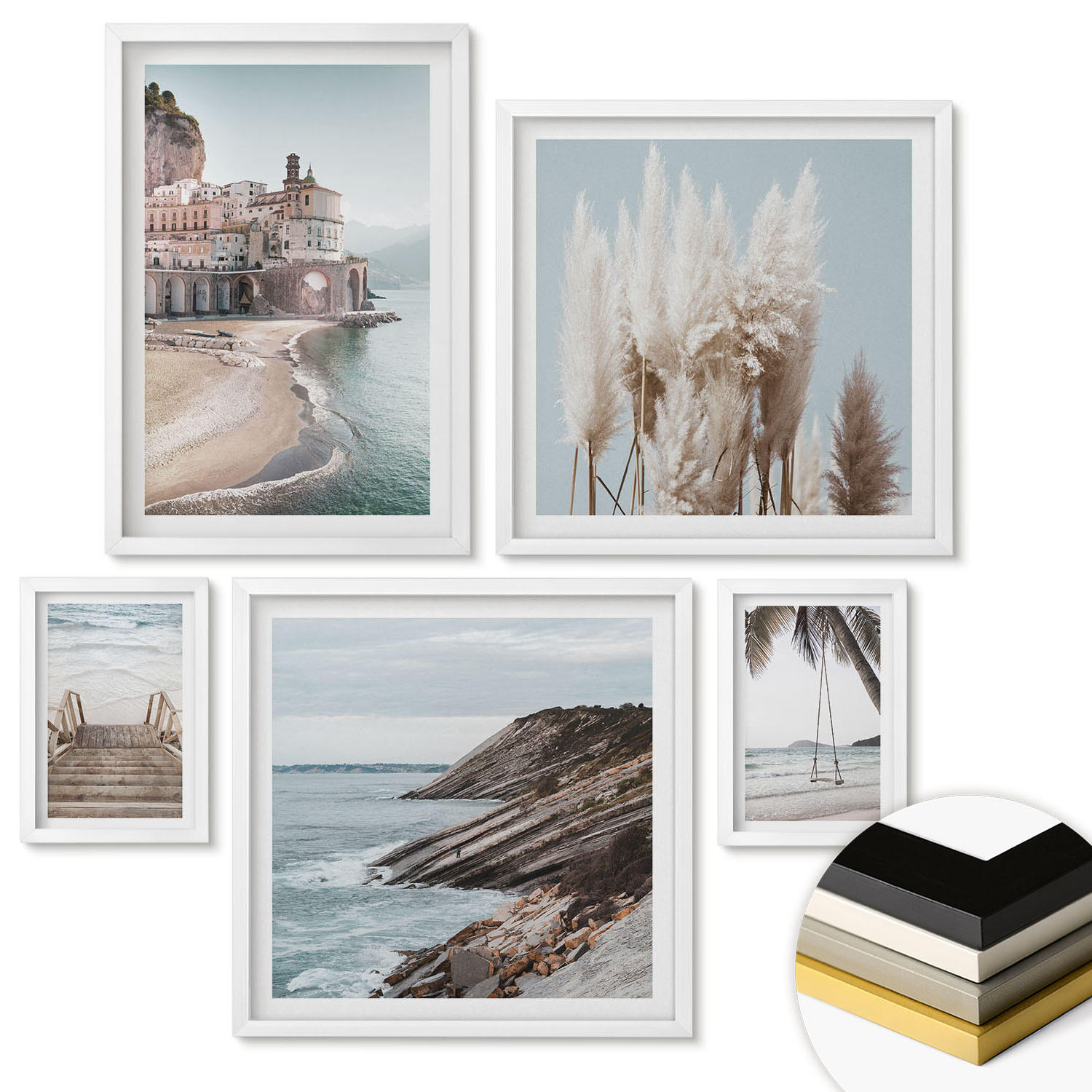 WANDBILDER 5er-Set - 50x50 cm & 20x30 cm & 40x60 cm Weißer Rahmen - Abstrakte Muster beige weiß - Weiß, Kunststoff (40/60cm) - ArtPrintCave