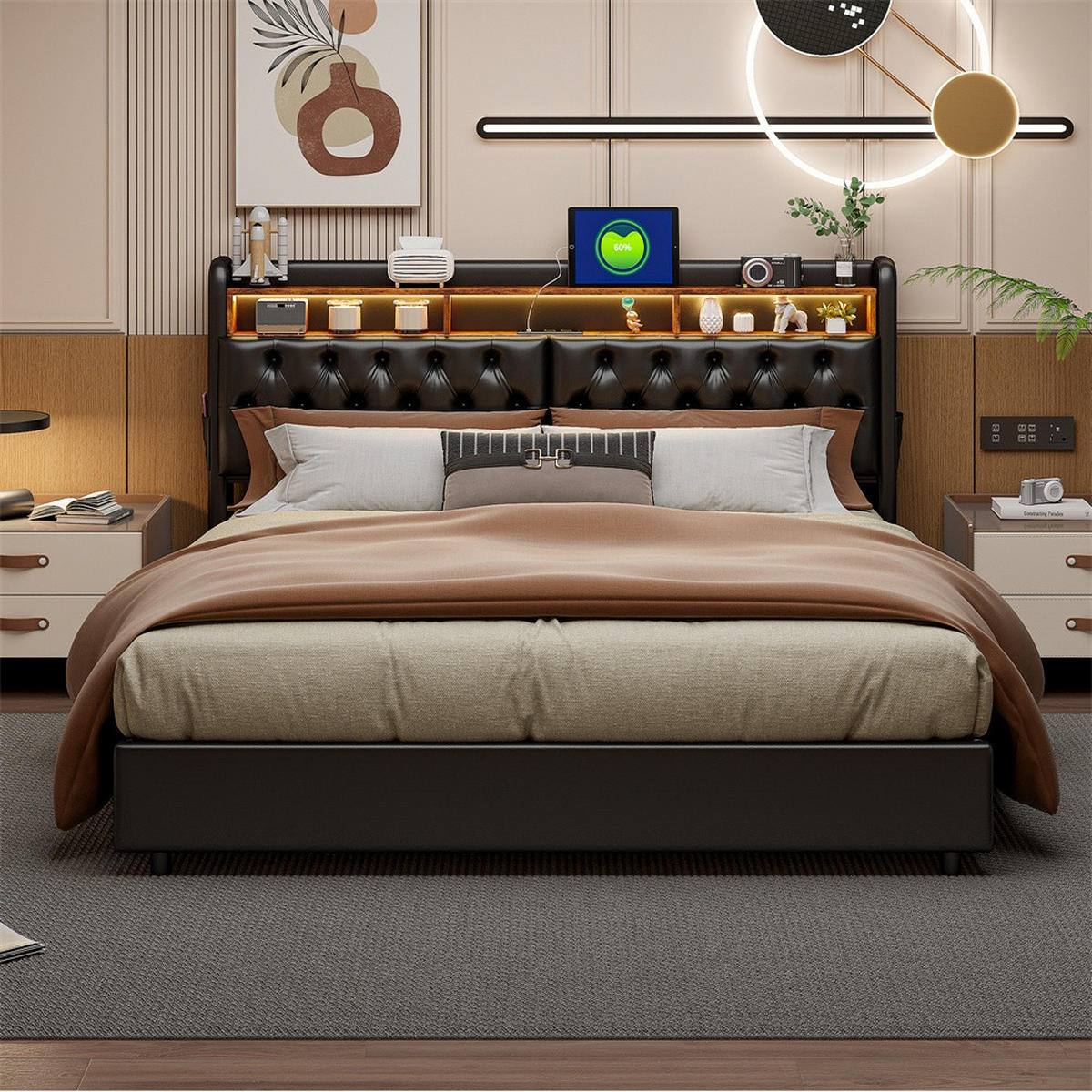 POLSTERBETT 180x200 cm mit LED-Beleuchtung - Kopfteil-Stauraum und Gasdruckfeder-Bettkasten - ohne Matratze - Schwarz - Schwarz, Textil (180/200cm) - DELFA