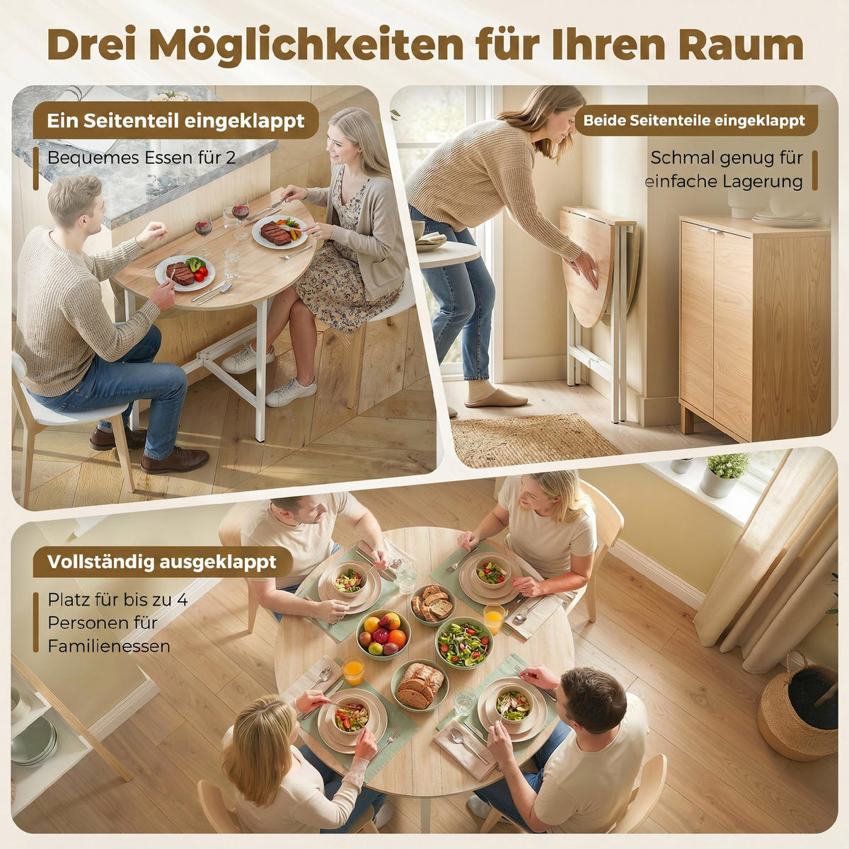 KLAPPBARER-ESSTISCH Spanplatte-Stahl Naturholz - Weiß/Naturfarben, Holzwerkstoff/Metall (80/80/76cm) - HOMCOM