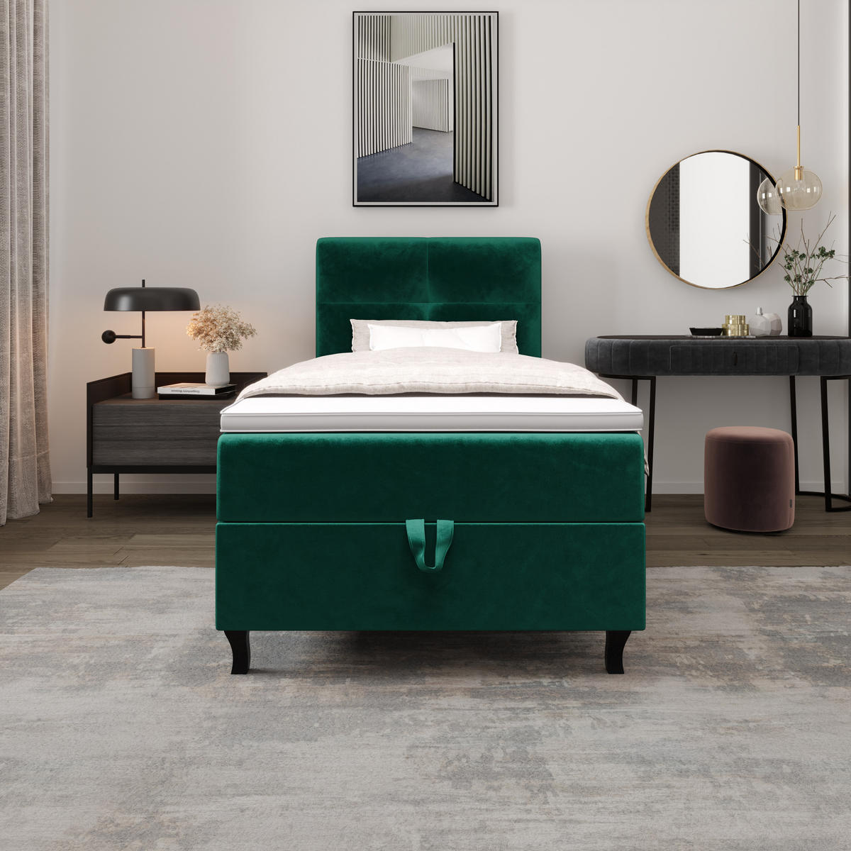 BOXBETT LIMBA mit Matratze H3, Bonell und Topper 80x200 Monolith 37 - Grün, Holz/Textil (80/200cm) - Bedante