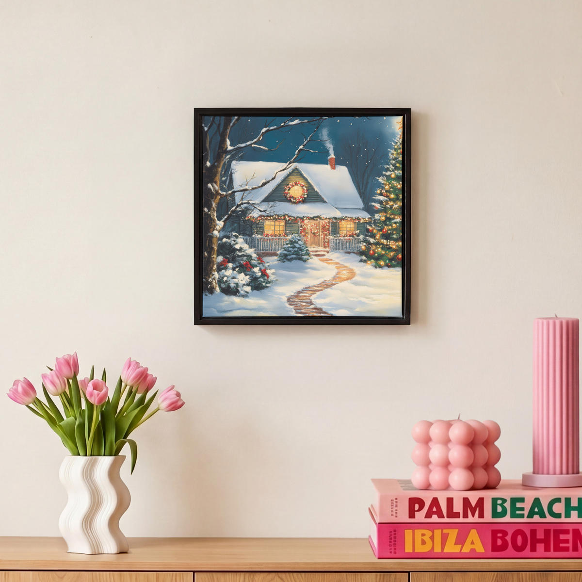 LEINWAND Bilder mit Rahmen - Weihnachten - Weihnachtsbaum - Winter - Zuhause - Schnee - 20x20 - Smaragdgrün, Textil (20/20cm) - MuchoWow