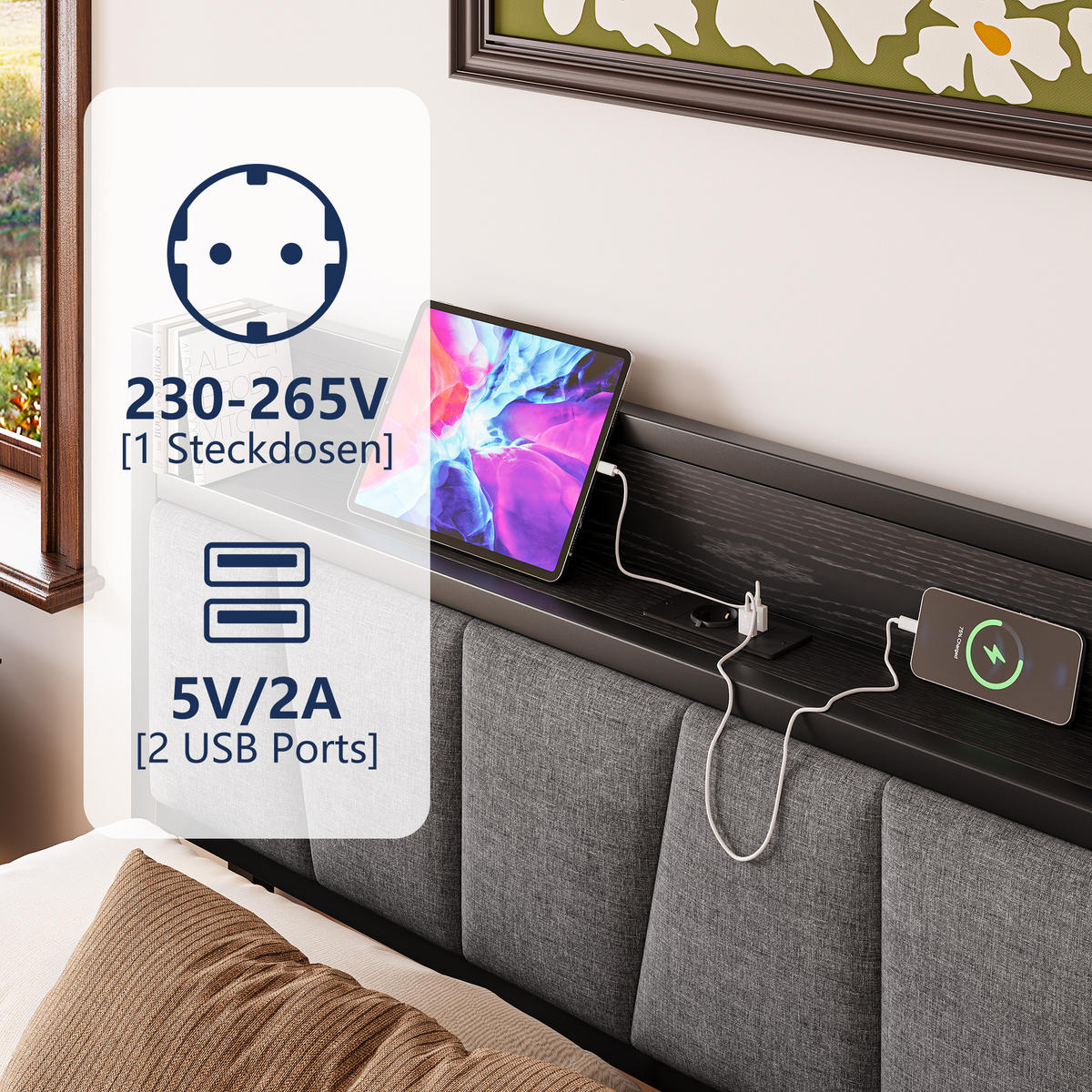 METALLBETT 140/190 cm Schwarz mit LED und USB - Schwarz, Metall (140/190cm) - Oxeza