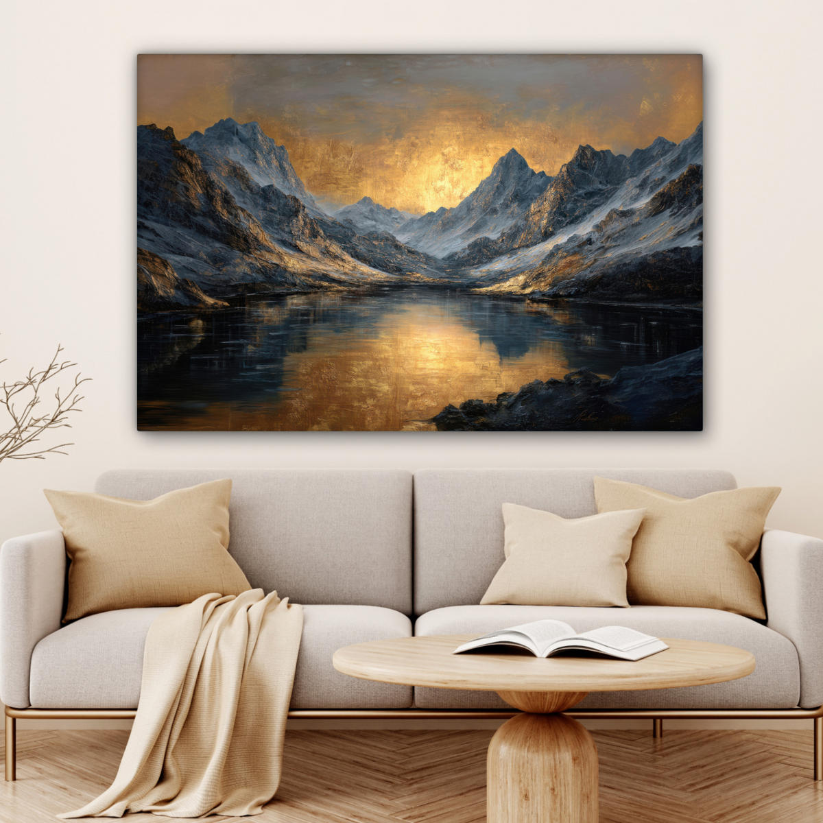 LEINWANDBILD Bergkulisse mit goldenem Sonnenuntergang Groß 140x90 cm - Goldfarben, Textil (140/90cm) - MuchoWow