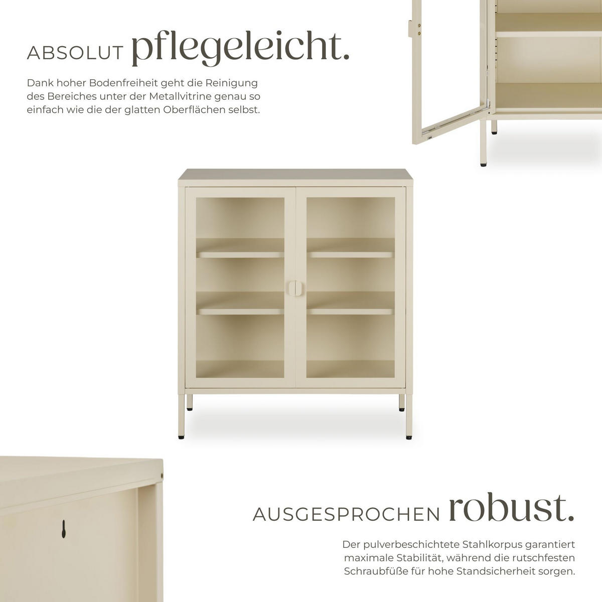 METALLVITRINE Baker, Kippschutz, höhenverstellbare Füße, creme - Creme, Metall (80/90.5/37cm) - tectake