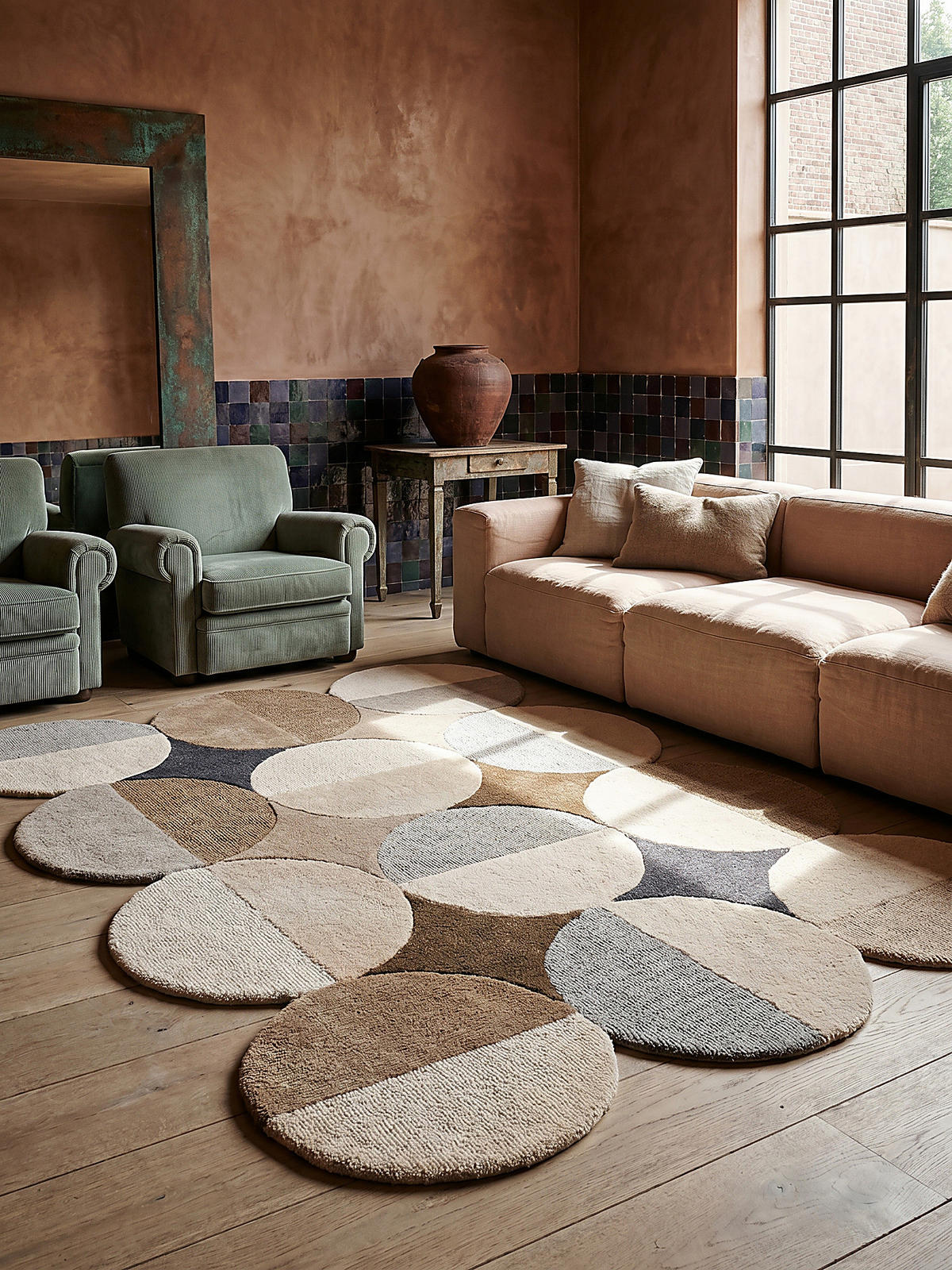WOLLTEPPICH Kreis Wellenform, Wohnzimmer Beige-Braun Rechteckig 200x290 - Beige, Textil (290/200cm) - KADIMA DESIGN