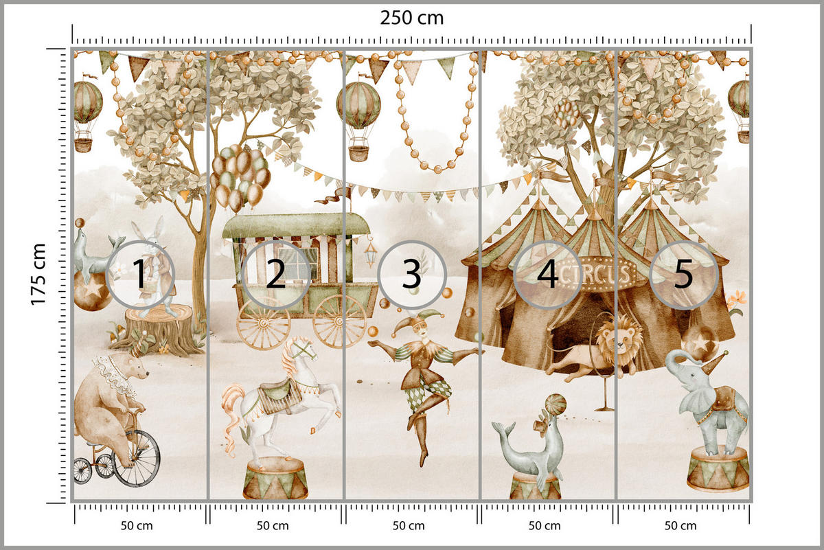 FOTOTAPETE für Kinderzimmer Zirkus Zelt Tiere Ballons Aquarell Bäume 250x175 - Ecru/Beige, Papier (250/175cm) - Muralo