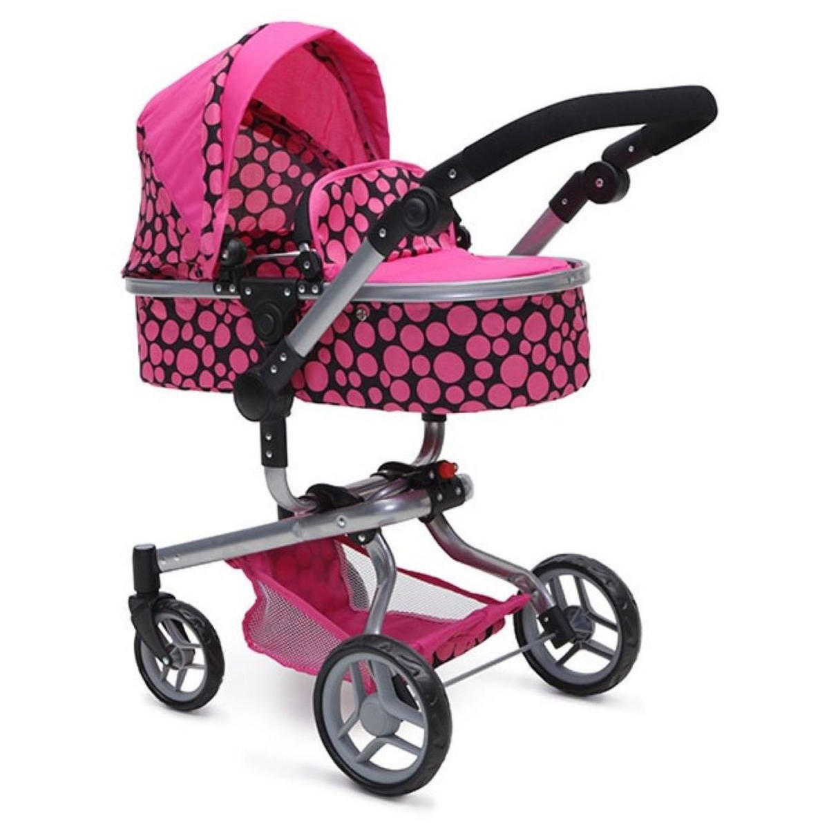 PUPPENWAGEN Bella 9695 Puppenkorb, Sonnendach, Tasche, Schiebegriff verstellbar, Polyester - Rosa, Metall (50/42/78cm) - Moni