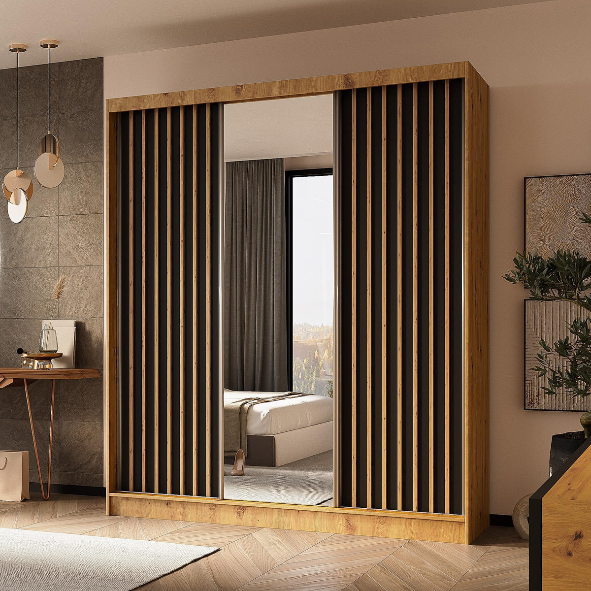 SCHWEBETÜRENSCHRANK LAMELLO 180/216/61 cm 3-türig mit Spiegel Eiche Artisan - Schwarz/Eiche Artisan, Holzwerkstoff (180/216/61cm) - MASSENO