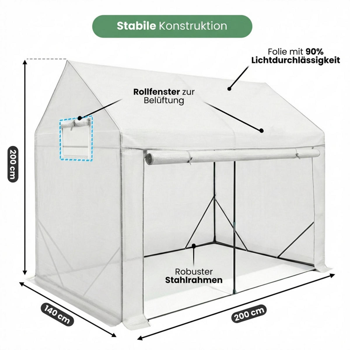 GEWÄCHSHAUS in Hausform, Weiß, 200x140x200 cm - Weiß, Metall (200/200/140cm) - Akord