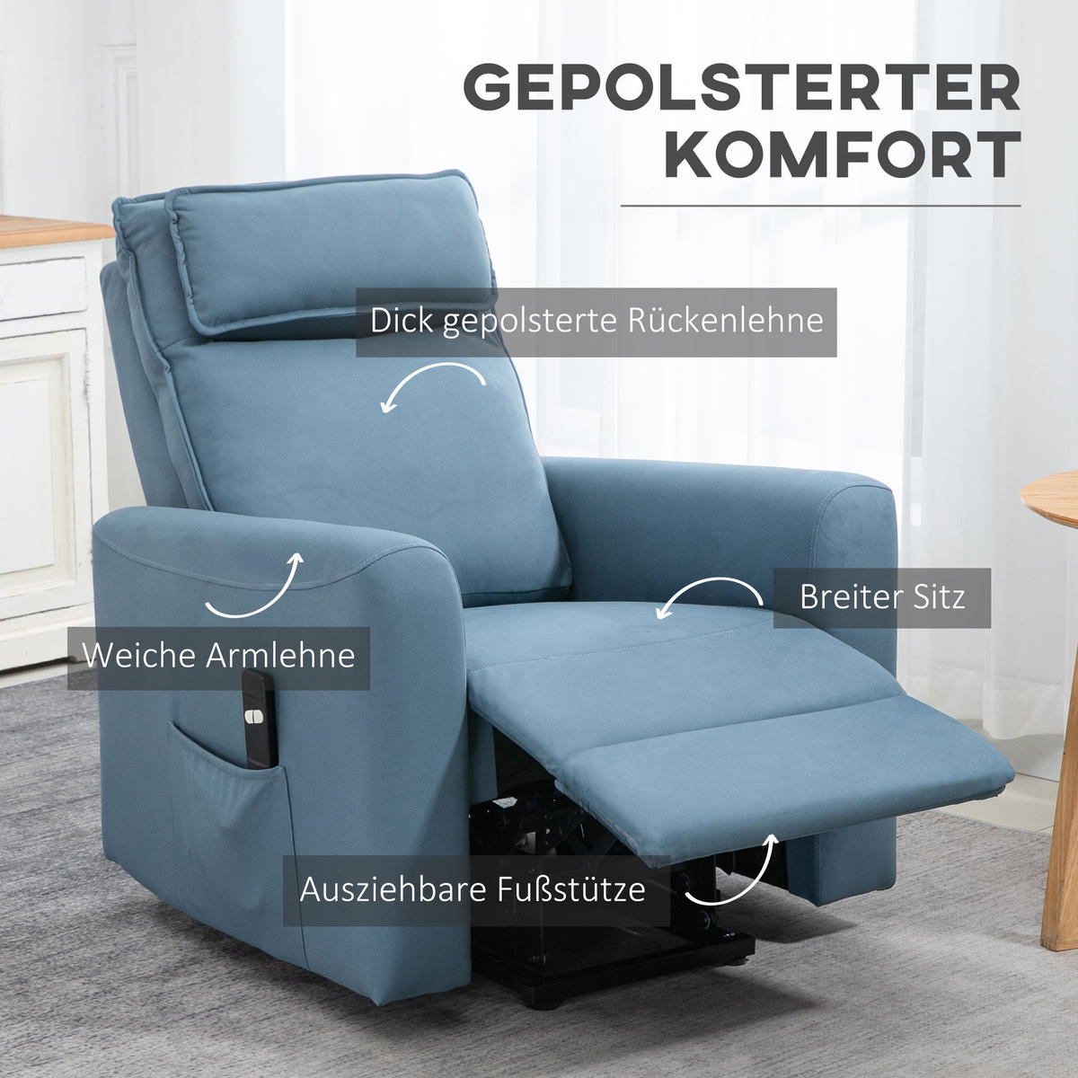 SESSEL mit Aufstehhilfe, Samt Stahl Blau - Blau, Textil (89.5/105/84cm) - HOMCOM