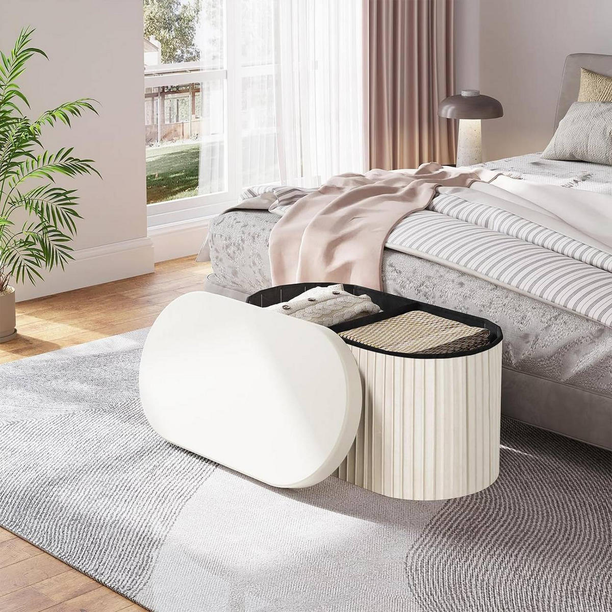 SITZHOCKER mit Deckel Stauraum, 76x38x38 cm, Creme - Creme, Textil (78/38/38cm) - Woltu