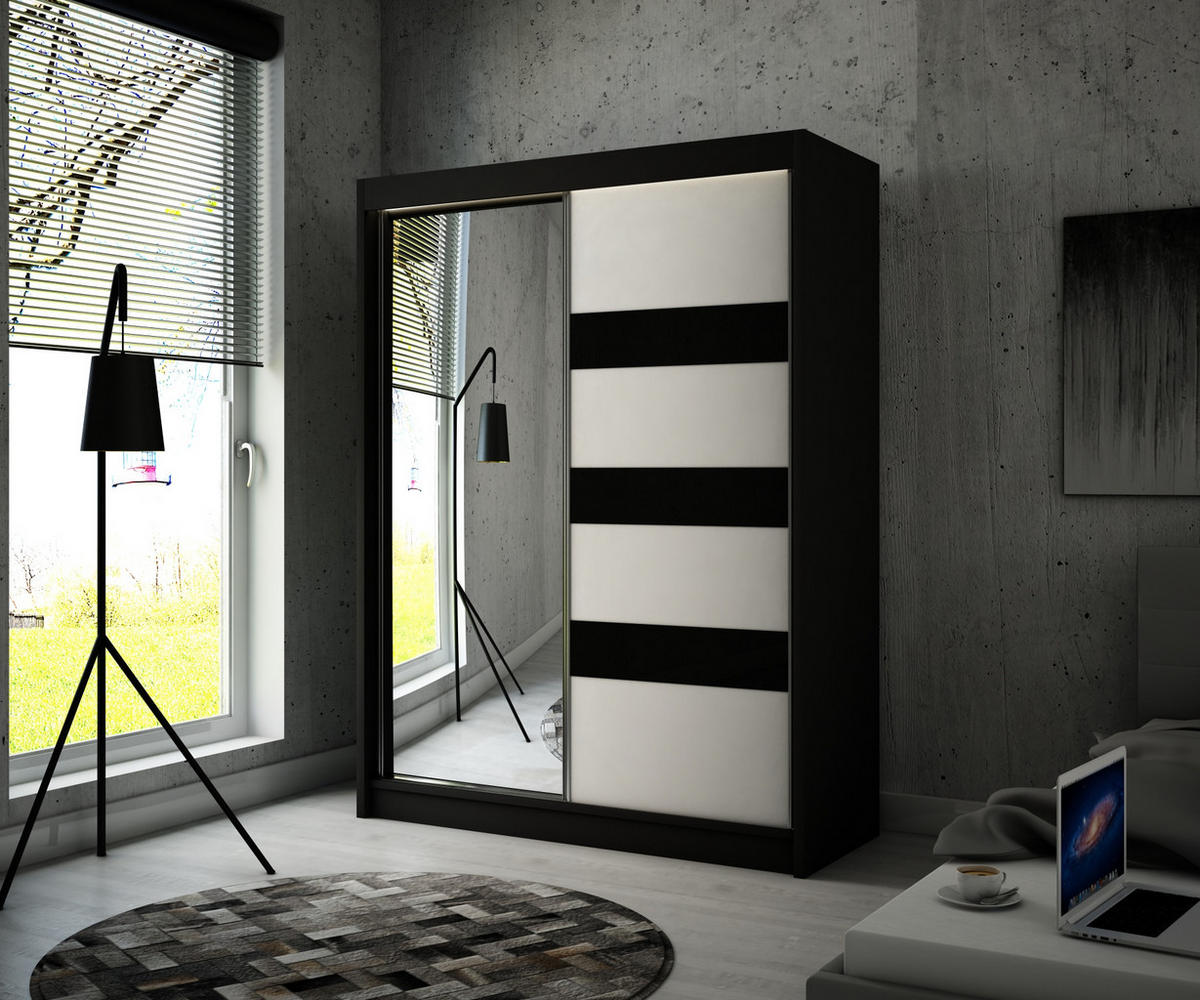 KLEIDERSCHRANK mit Spiegel und Schiebetüren LOSTE - 200 cm Schwarz|Schwarz - Schwarz, Holzwerkstoff (200/215/61cm) - ALTDECOR