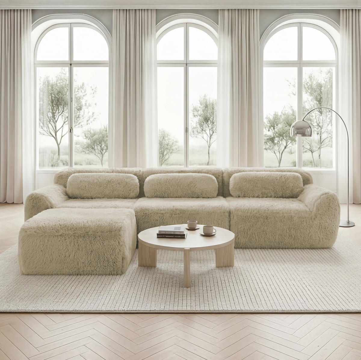 ECKSOFA 291/179/73 cm hellkhaki aus Plüschstoff rahmenlos modular mit Kissen - Beige, Textil (179/291cm) - OKWISH