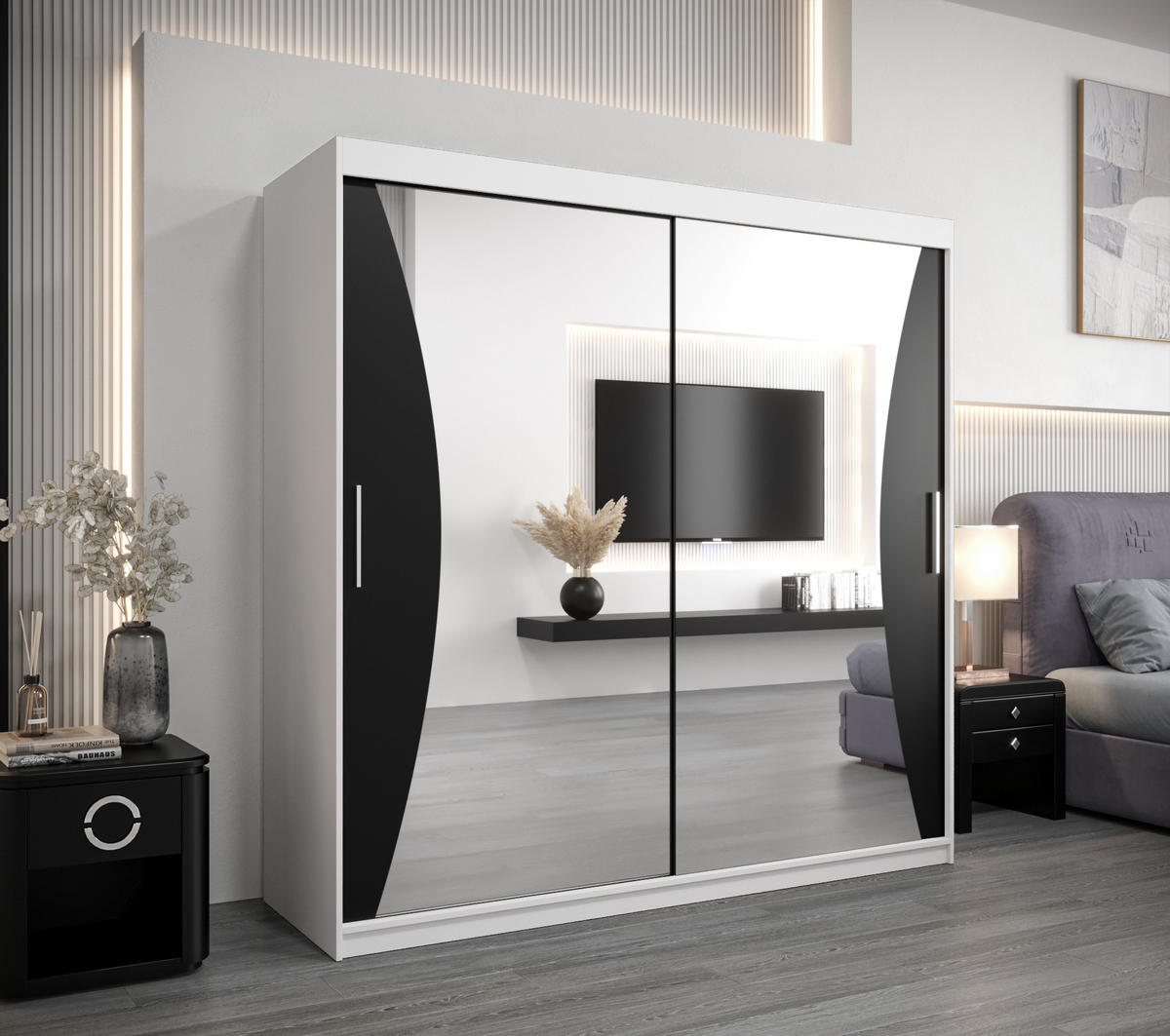 SCHWEBETÜRENSCHRANK 200/200/62 2-türig - Silberfarben/Schwarz, Holz/Kunststoff (200/200/62cm) - Abiks Möbel