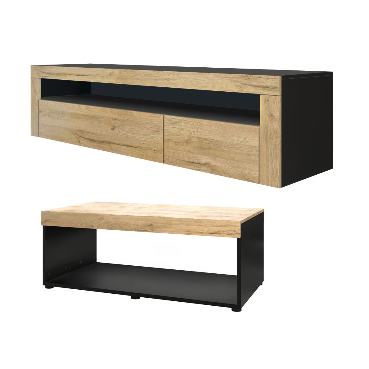 WOHNZIMMERSET Berlin Eiche Natur - Eichefarben, Holzwerkstoff (155/46/40cm) - Vladon