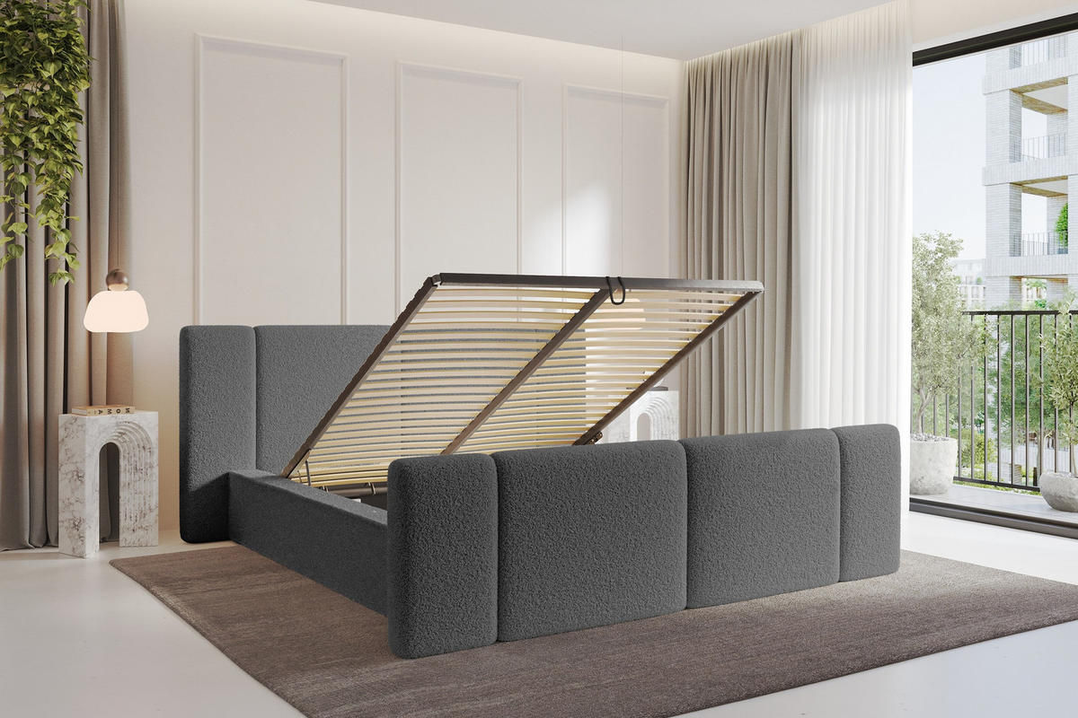 POLSTERBETT mit Bettkasten, Fußteil und Lattenrost, Bett mit Matratze H3/H4 - RIVO-Z 120x200 Grau - Greige, Holzwerkstoff/Textil (120/200cm) - ALTDECOR