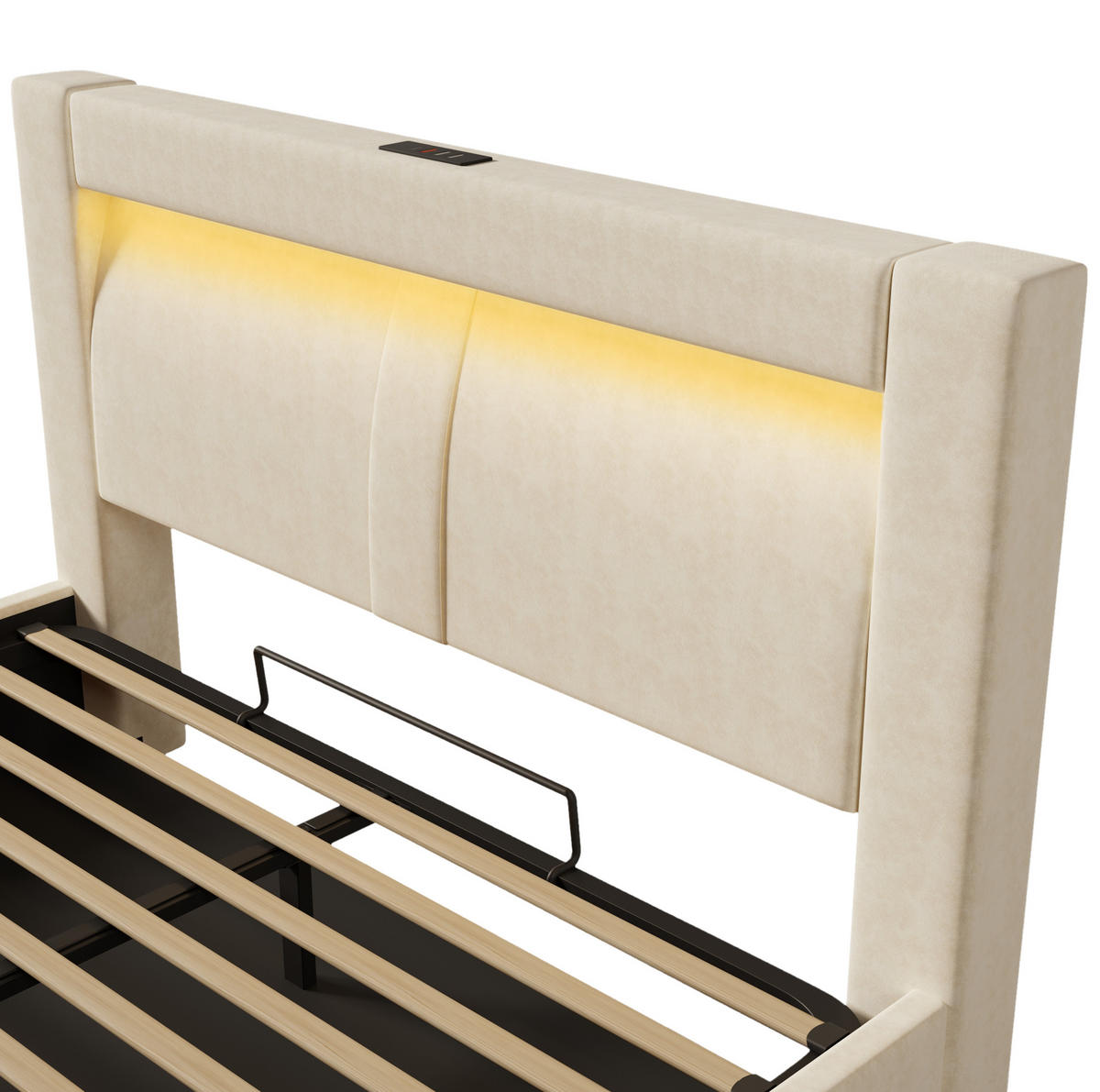 POLSTERBETT 160/200 cm Beige aus Samt mit Stauraum, LED und Ladeanschlüssen - Beige, Textil (160/200cm) - OKMYHOME