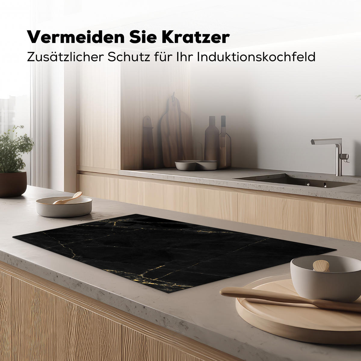 HERDABDECKPLATTE Marmor - Schwarz - Gold - Chic - Marmoroptik - Design Ceranfeldabdeckung 85x52 cm - Schwarz, Kunststoff (85/52/0.2cm) - MuchoWow