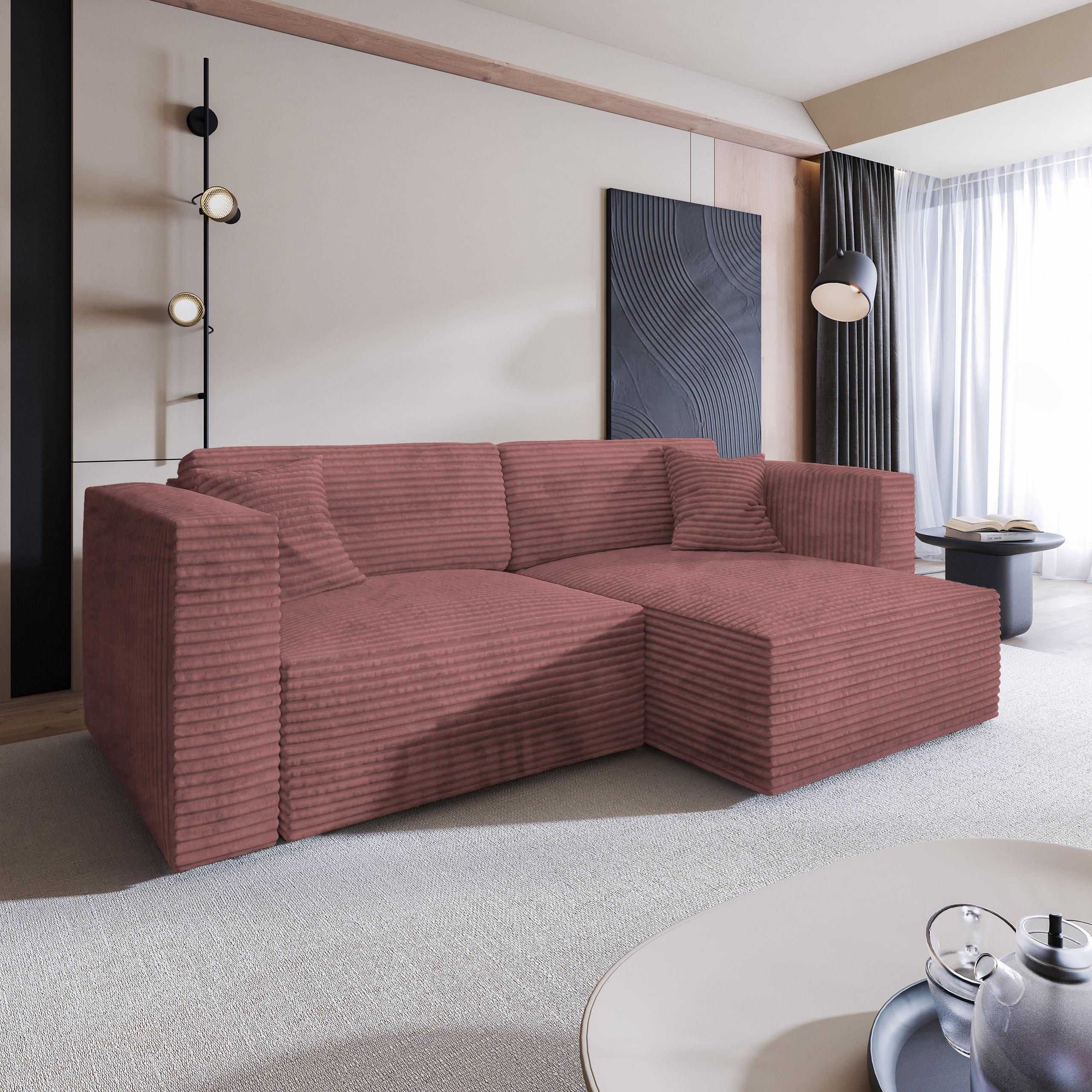 ECKSOFA NERIO Rosa Kordstoff mit Schlaffunktion - Rosa, Holz (245/148cm) - MASSENO