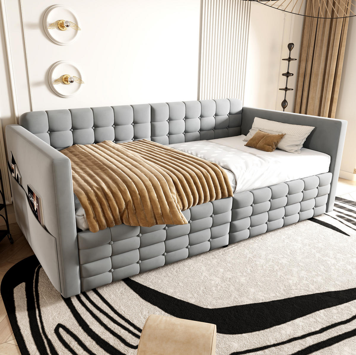 POLSTERBETT 90/190 cm aus Samt mit Stauraum, Hellgrau - Hellgrau, Textil (90/190cm) - OKMYHOME