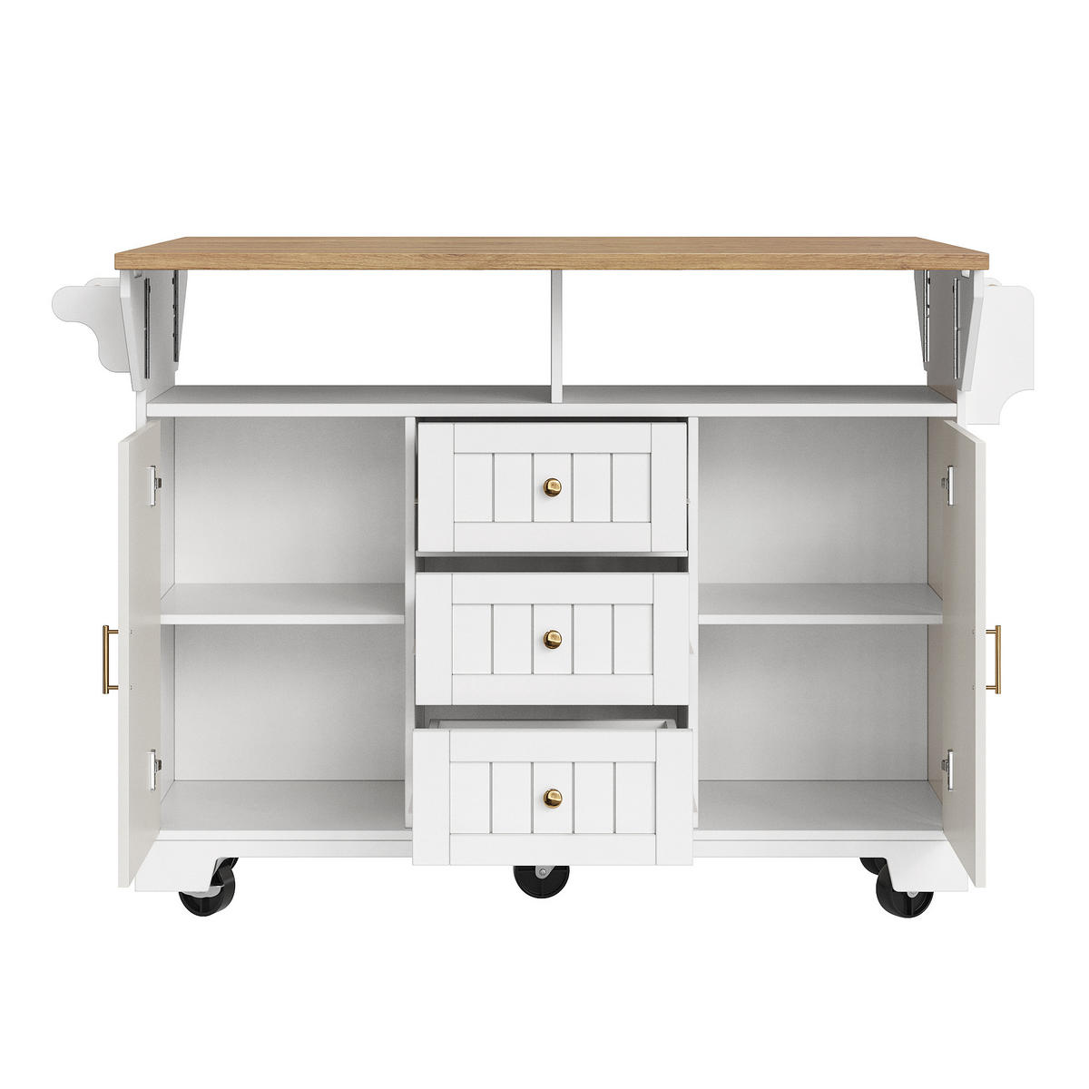 KÜCHENINSEL 120x80x95cm weiß/Holzoptik mit Klapptisch & 5 Rollen - Weiß, Holzwerkstoff (120/95/80cm) - Modfu